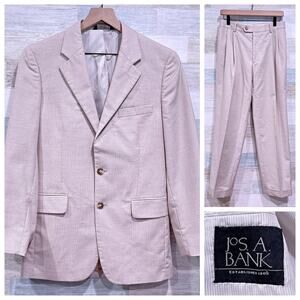 Jos A Bank Cotton Wool Blend Summer Suit Beige Mens 38S 32W Pleated Pants
